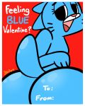  2018 anthro blue_fur butt cartoon_network cat digital_media_(artwork) english_text feline female fur holidays looking_at_viewer looking_back mammal mature_female mother nicole_watterson nude open_mouth parent presenting presenting_hindquarters rear_view red_background simple_background skadog solo text the_amazing_world_of_gumball valentine&#039;s_day whiskers 