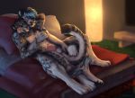  2018 5_fingers anthro anthro_on_anthro balls bed bedroom black_hair blue_eyes blue_hair cuddling digital_media_(artwork) duo erection eyes_closed feline fur hair holding_partner humanoid_penis kinsheph leopard lying male male/male mammal multicolored_fur nude on_bed pantherine penis pink_nose pink_penis romantic romantic_couple smile snow_leopard spots spotted_fur victory_(texdot) white_fur 