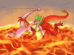  2018 4:3 anthro barely_visible_genitalia big_breasts breast_size_difference breasts clenched_teeth crossgender dragon duo eyes_closed female friendship_is_magic green_eyes hi_res lava lurkingtyger my_little_pony nipples nude pussy spade_tail spike_(mlp) subtle_pussy teeth two_tone_body wrestling 