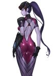  arms_at_sides artist_name ass back_tattoo backless_outfit black_gloves bodysuit breasts cowboy_shot earrings gloves hair_pulled_back hand_on_ass highres jewelry karmiel lipstick long_hair looking_at_viewer looking_back makeup medium_breasts nose orange_eyes overwatch pauldrons pink_bodysuit ponytail profile purple_hair purple_lips purple_lipstick purple_skin skin_tight solo spider_tattoo standing stud_earrings tattoo thigh_gap visor white_background widowmaker_(overwatch) 