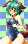  animal_ears blue_swimsuit blush checkered checkered_background competition_school_swimsuit competition_swimsuit d-m_(dii_emu) dog_ears dog_tail flat_chest green_eyes green_hair highres kasodani_kyouko one-piece_swimsuit open_mouth school_swimsuit short_hair sitting solo swimsuit tail touhou wariza 