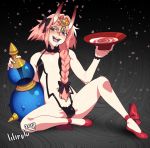  2017 :d alcohol artist_name astolfo_(fate) bangs bare_arms bare_shoulders black_bow blush bow bracelet braid bulge cherry_blossoms collarbone commentary cosplay cup drooling eyebrows_visible_through_hair fate/apocrypha fate/grand_order fate_(series) flats full_body gradient gradient_background grey_background groin hair_between_eyes hair_bow hair_intakes hair_over_shoulder half-closed_eyes hands_up head_tilt holding jewelry knee_up lilirulu long_braid long_hair looking_at_viewer male_focus multicolored_hair navel oni_horns open_mouth otoko_no_ko petite pink_hair purple_eyes reclining red_bow red_footwear revealing_clothes sakazuki sake shoe_bow shoes short_hair_with_long_locks shuten_douji_(fate/grand_order) shuten_douji_(fate/grand_order)_(cosplay) simple_background single_braid sitting sleeveless smile solo spread_legs streaked_hair two-tone_hair white_hair 