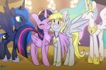  2018 blonde_hair blue_eyes blush chest_tuft collar cosmic_hair crown derpy_hooves_(mlp) equine feathered_wings feathers flower fluffyxai friendship_is_magic group hair horn hug jewelry mammal medal multicolored_hair my_little_pony necklace one_eye_closed pegasus pendant plant princess_celestia_(mlp) princess_luna_(mlp) smile tears tuft twilight_sparkle_(mlp) wing_hug winged_unicorn wings yellow_eyes 