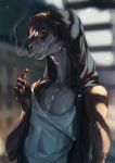  5_fingers anthro blurred_background brown_hair claws detailed_background hair male mammal okithau smoking solo standing unknown_species 
