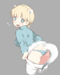  absurdres animal_ears ass bangs blonde_hair blue_eyes blue_panties blue_sweater blush brave_witches breasts commentary_request flying_sweatdrops fur_trim grey_background hair_between_eyes hasegawa_(rarairairai) highres leaning_forward looking_at_viewer looking_back medium_breasts nikka_edvardine_katajainen open_mouth panties pantyhose pantyhose_pull short_hair simple_background solo sweater tail underwear white_legwear world_witches_series 