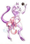  arms_up blue_eyes claws closed_mouth commentary endivinity energy_ball floating full_body gen_1_pokemon legendary_pokemon looking_away looking_to_the_side mew mewtwo no_humans pokemon pokemon_(creature) purple_eyes realistic serious signature simple_background tail traditional_media white_background 