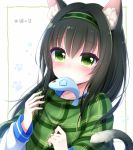  animal_ears bangs blush capelet cat_ears cat_tail chunithm collarbone eyebrows_visible_through_hair green_eyes green_hair green_hairband hairband long_hair long_sleeves looking_at_viewer mouth_hold paw_background plaid sanotsuki solo stuffed_animal stuffed_fish stuffed_toy tail tareme tearing_up tears translated tsukisuzu_shirona upper_body 