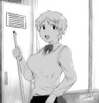  black_eyes bow bowtie broom cardigan classroom commentary_request dated freckles greyscale holding holding_broom indoors long_sleeves looking_at_viewer monochrome original pleated_skirt school_uniform short_hair signature skirt solo standing tsukudani_(coke-buta) upper_body window 