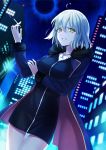  ahoge black_dress blue_coat blue_sky breasts cowboy_shot dress eclipse eyebrows_visible_through_hair fate/grand_order fate_(series) from_below fur_trim green_eyes grin hair_between_eyes jeanne_d'arc_(alter)_(fate) jeanne_d'arc_(fate)_(all) jewelry looking_at_viewer medium_breasts necklace night satou_iruno shiny shiny_skin short_dress short_hair silver_hair sky smile smoke solo standing wicked_dragon_witch_ver._shinjuku_1999 