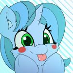  2018 animated blep blue_fur blue_hair blue_horn blue_puck blush cute digital_media_(artwork) equine eyelashes fan_character female front_view fur green_eyes hair headshot_portrait horn inner_ear_fluff looking_at_viewer mammal my_little_pony n0nnny pattern_background pink_tongue portrait simple_background smile solo striped_background tongue tongue_out unicorn unicorn_horn 