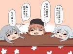  absurdres blush bokota_(bokobokota) brown_hair chibi closed_eyes comic commentary_request eyebrows_visible_through_hair gangut_(kantai_collection) grey_hair hair_between_eyes head_rest hibiki_(kantai_collection) highres kantai_collection kotatsu long_hair multiple_girls open_mouth papakha pink_background silver_hair simple_background smile table tashkent_(kantai_collection) translated 