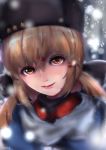  brown_hair closed_mouth hair_between_eyes hair_ornament hairclip kantai_collection long_hair papakha red_eyes schleezed shirt smile snow snowing solo star tashkent_(kantai_collection) twintails 