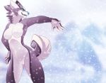  5_fingers anthro blue_eyes blue_nose blue_tongue breasts canine dog featureless_breasts featureless_crotch female mammal nude phation snow snowing solo standing 