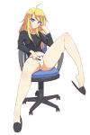  ahoge black_footwear black_shirt blonde_hair blue_eyes bow bow_panties cameltoe chair full_body highres kuso_otoko long_hair long_sleeves looking_at_viewer navel new_game! no_pants office_chair panties shirt sidelocks simple_background slippers solo spread_legs underwear white_background white_panties yagami_kou 