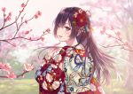  black_hair blue_eyes blush cherry_blossoms fukahire_sanba japanese_clothes kimono long_hair original tree waifu2x 