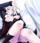  1girl absurdres areolae arm_on_head ass black_dress black_legwear blush breast_grab closed_mouth coat dress fate_(series) fur-trimmed_coat fur-trimmed_sleeves fur_trim grabbing highres jeanne_d&#039;arc_(alter)_(fate) jeanne_d&#039;arc_(fate)_(all) jyun kneehighs_pull legs long_sleeves looking_at_viewer lying nipples open_clothes open_dress pale_skin panties pantyshot pantyshot_(lying) self_fondle short_dress short_hair solo underwear white_hair white_panties wicked_dragon_witch_ver._shinjuku_1999 yellow_eyes 
