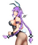  absurdres airisubaka animal_ears artist_name ass blue_eyes blush braid breasts bunny_ears bunny_tail bunnysuit choujigen_game_neptune commentary cowboy_shot fake_animal_ears highres large_breasts long_hair looking_at_viewer looking_to_the_side neptune_(series) power_symbol purple_hair purple_heart simple_background solo tail thighhighs thighs tied_hair twin_braids white_background 