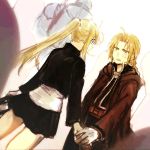  2boys alphonse_elric armor bangs black_shirt black_skirt blonde_hair blue_eyes coat earrings edward_elric expressionless facing_away frown full_armor fullmetal_alchemist gloves hands_together holding_hands jacket jewelry long_hair looking_at_another multiple_boys open_mouth ponytail profile shirt simple_background skirt tsukuda0310 very_long_hair white_background white_shirt winry_rockbell yellow_eyes 