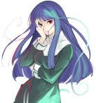  asagami_fujino aura blue_hair breasts commentary_request eyebrows_visible_through_hair habit hair_in_mouth hand_on_own_face hand_over_eye hand_up kara_no_kyoukai large_breasts long_hair long_sleeves looking_at_viewer nun red_eyes simple_background smile solo tetsu_(kimuchi) upper_body white_background 
