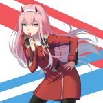  black_legwear blue_eyes candy contrapposto cowboy_shot darling_in_the_franxx dress food hairband hand_on_hip highres horns leaning_forward lollipop long_hair long_sleeves military military_uniform pantyhose pink_hair red_dress solo standing straight_hair uniform very_long_hair white_hairband yuki7128 zero_two_(darling_in_the_franxx) 