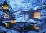  east_asian_architecture lantern night no_humans original pond scenery snow toichi_(ik07) tree water winter 