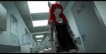  5_fingers anthro black_bars breasts cat clothed clothing colored_nails detailed_background digital_media_(artwork) feline female hair hallway jewelry mammal melloque necklace red_hair red_nails seelena_zorn_(iskra) solo standing water_dispenser 