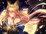 animal_ears azaka_(rionrita) bell blue_ribbon breasts cleavage closed_eyes collarbone fate/extra fate/grand_order fate_(series) fox_ears fox_tail hair_ribbon japanese_clothes jingle_bell large_breasts long_hair moon multiple_tails off_shoulder petals pink_hair ribbon solo tail tamamo_(fate)_(all) tears very_long_hair 