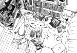  blanket book bookshelf cellphone charger computer controller curtains electric_socket feet_up futon game_console game_controller greyscale hand_on_head handheld_game_console headphones holding holding_cellphone holding_phone laptop lying manga_(object) monochrome nintendo_3ds on_back original phone phonograph pillow power_strip record shirokumacham short_shorts shorts smartphone solo stuffed_animal stuffed_toy tissue_box turntable wooden_floor 