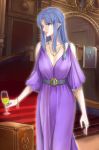  alcohol blue_eyes blue_hair bracelet braid breasts caster commentary_request cup dress drinking_glass fate/grand_order fate_(series) highres jewelry lipstick long_dress long_hair looking_at_viewer makeup medium_breasts muumin_(izumo5559696) necklace pointy_ears purple_dress purple_lipstick side_braid solo stairs wine wine_glass 