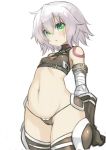  absurdres arms_behind_back bandaged_arm bandages bangs bare_shoulders black_gloves black_legwear black_panties breasts bright_pupils buckle cameltoe covered_nipples crop_top eyebrows_visible_through_hair facial_scar fate/apocrypha fate_(series) faulds gloves green_eyes grey_hair highres jack_the_ripper_(fate/apocrypha) looking_at_viewer looking_down nada_haruka navel panties scar scar_across_eye short_hair shoulder_tattoo simple_background small_breasts solo standing tareme tattoo thighhighs underwear white_background 
