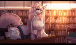 anthro big_breasts breasts canine clothed clothing eyewear female ghostli glasses library looking_at_viewer makeup mammal mascara nipples smile solo watermark wide_hips 