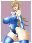  1girl blonde_hair blush breasts curvy embarrassed erect_nipples erect_nipples_under_clothes female hajime_shindo highres huge_breasts leotard long_hair looking_at_viewer nipples purple_eyes shiny shiny_skin tenjouin_asuka thighs yu-gi-oh! yuu-gi-ou_gx 