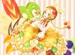  animal_ears banana_slice blonde_hair blueberry braid brown_eyes brown_footwear brown_hat cherry corset detached_sleeves fake_animal_ears feet_out_of_frame food food_themed_hair_ornament frills fruit hair_ornament hat highres holding holding_spoon ice_cream kitazume_kumie kiwi_slice kiwifruit long_hair looking_at_viewer melon orange orange_slice original personification shoes skirt solo spoon striped striped_background vertical-striped_background vertical_stripes whipped_cream yellow_skirt 