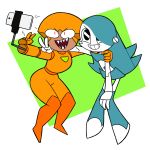  2018 4_fingers blue_hair boots clothing crossover digital_media_(artwork) dot_eyes duo female flowerimh footwear grin hair jenny_wakeman machine my_life_as_a_teenage_robot not_furry ok_k.o.!_let&#039;s_be_heroes orange_skin red_eyes robot selfie shannon_(ok_k.o.!_lbh) sharp_teeth simple_background smile standing teeth v_sign white_skin 