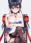  alternate_costume atago_(azur_lane) azur_lane bangs bare_shoulders black_hair black_legwear blush breasts brown_eyes china_dress chinese_clothes cleavage closed_mouth commentary_request cosplay dated dress embarrassed eyebrows_visible_through_hair garter_straps gloves hair_between_eyes hair_ribbon highres large_breasts long_hair looking_at_viewer open_mouth panties pantyshot ponytail ribbon shiny shiny_hair shiny_skin simple_background sitting solo st._louis_(azur_lane) st._louis_(azur_lane)_(cosplay) thighhighs two_side_up underwear wariza white_background white_gloves xenonstriker 
