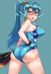  1girl angry ass bare_shoulders blue_eyes blue_hair blush breasts cameltoe cape erect_nipples from_behind gloves holding holding_poke_ball huge_ass ibuki_(pokemon) iojkmn large_breasts leotard long_hair looking_at_viewer open_mouth poke_ball pokemon pokemon_(game) pokemon_hgss ponytail shiny shiny_clothes shiny_hair shiny_skin sideboob solo very_long_hair 