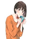  black_hair bob_cut brown_eyes commentary_request cup highres holding looking_at_viewer mug original shinobu_(kobanatu) short_hair solo white_background 