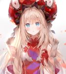  :o ahoge b_rock bangs blonde_hair blue_eyes blush dress eyebrows_visible_through_hair fate/grand_order fate_(series) gloves hand_up hat long_hair looking_at_viewer marie_antoinette_(fate/grand_order) parted_lips red_dress red_gloves solo upper_body very_long_hair 