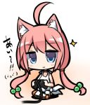  :3 ahoge animal_ear_fluff animal_ears bangs bare_arms bare_shoulders blue_eyes blush cat_ears chibi closed_mouth commentary_request controller eyebrows_visible_through_hair full_body game_controller hair_between_eyes hair_bobbles hair_ornament hinata_channel holding long_hair low_twintails nekomiya_hinata pink_hair shirasu_youichi sitting solo sparkle tank_top translation_request twintails very_long_hair virtual_youtuber white_background white_tank_top 