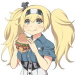  1girl :t blonde_hair blue_eyes blue_shirt breast_pocket commentary commentary_request eating food food_on_face gambier_bay_(kantai_collection) hair_between_eyes hair_ornament hamburger kantai_collection long_hair multicolored_hairband pocket shirt simple_background smile solo twinkle_eye twintails upper_body white_background yukimi_unagi 