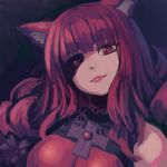  animal_ears bangs blunt_bangs cat_ears closed_mouth commentary_request eyebrows_visible_through_hair head_tilt highres lipstick long_hair looking_at_viewer makeup mechanical_eye red_eyes red_hair red_lipstick reiesu_(reis) smile solo stella_hoshii upper_body va-11_hall-a 