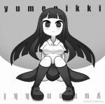  arms_behind_back artist_name bangs blunt_bangs blush breasts collared_shirt commentary_request copyright_name greyscale highres kneehighs koikawa_hayato long_hair looking_at_viewer medium_breasts monochrome monoe no_nose no_pupils shirt shoes short_sleeves sitting skirt solo yume_nikki yume_nikki_dream_diary 