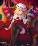 &gt;:) alternate_costume artist_name bangs bare_shoulders black_legwear blonde_hair breasts closed_mouth collarbone crossed_legs crystal curtains dress fang_out feet_out_of_frame flandre_scarlet flower frills hat hat_ribbon head_tilt highres holding indoors long_hair looking_at_viewer md5_mismatch mob_cap nuenya off-shoulder_dress off_shoulder one_side_up red_dress red_flower red_ribbon red_rose ribbon rose short_dress skull small_breasts smile solo thighhighs throne touhou v-shaped_eyebrows watermark web_address white_hat wings wrist_cuffs 