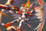  1girl angel boots cross fire flame flying full_body gloves gun hat jacket kamihime_project_r looking_at_viewer navel purple_eyes simple_background skirt tagme thighs uriel_(kamihime) weapon white_hair wings wink 