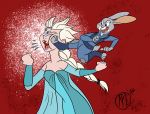  2016 4_fingers 5_fingers anthro blonde_hair blue_eyes clothing digital_drawing_(artwork) digital_media_(artwork) disney dress duo female fist frozen_(movie) fur grey_fur hair hi_res human judy_hopps kick lagomorph larger_human mammal mb_thomas missing_tooth one_eye_closed open_mouth open_smile police_uniform ponytail purple_eyes queen_elsa_(frozen) rabbit red_background saliva signature simple_background size_difference smile tongue toony uniform zootopia 