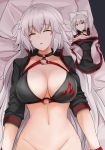  bangs bed_sheet bikini bikini_bottom_removed black_bikini black_choker black_jacket breasts choker cleavage commentary_request cropped_jacket eyebrows_visible_through_hair eyes_closed fate/grand_order fate_(series) gloves hair_between_eyes highres jacket jeanne_d&#039;arc_(alter_swimsuit_berserker) jeanne_d&#039;arc_(fate)_(all) jeanne_d'arc_(alter)_(fate) jeanne_d'arc_(alter_swimsuit_berserker) jeanne_d'arc_(fate)_(all) large_breasts long_hair lying multiple_views o-ring o-ring_bikini o-ring_bottom o-ring_top on_back open_mouth photo pillow poshi_(ginmokusei) shrug_(clothing) silver_hair swimsuit yellow_eyes 