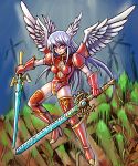  adapted_costume angel_wings bangs boots breasts cleavage cleavage_cutout closed_mouth commentary_request diamond_(shape) dual_wielding elbow_gloves feathered_wings feathers final_fantasy final_fantasy_tactics full_body gem gloves gold_trim hair_between_eyes head_wings high_heel_boots high_heels holding holding_sword holding_weapon legs_apart leotard lips long_hair midriff multiple_wings no_pupils oomasa_teikoku puffy_short_sleeves puffy_sleeves red_eyes red_footwear red_gloves red_legwear red_leotard short_sleeves sidelocks silver_hair small_breasts solo straight_hair sword thighhighs ultima_(fft) weapon white_wings wings zettai_ryouiki 