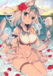  animal_ears arm_garter bikini blue_eyes breasts cat_ears cat_tail cleavage cleavage_cutout dress head_tilt highres kneeling large_breasts long_hair looking_at_viewer moe2018 nail_polish open_mouth original satsuki_mayuri see-through sky solo swimsuit tail thigh_strap water wet wet_clothes white_hair 