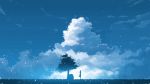  backlighting blue blue_sky cloud day field from_side hati_98 highres light_particles long_hair original outdoors scenery silhouette sky solo standing tree 