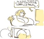  anthro big_breasts breasts canine cleavage clothed clothing computer english_text female hair huge_breasts hyper hyper_breasts jintonic mammal sitting solo sweat sweatdrop text thick_thighs 